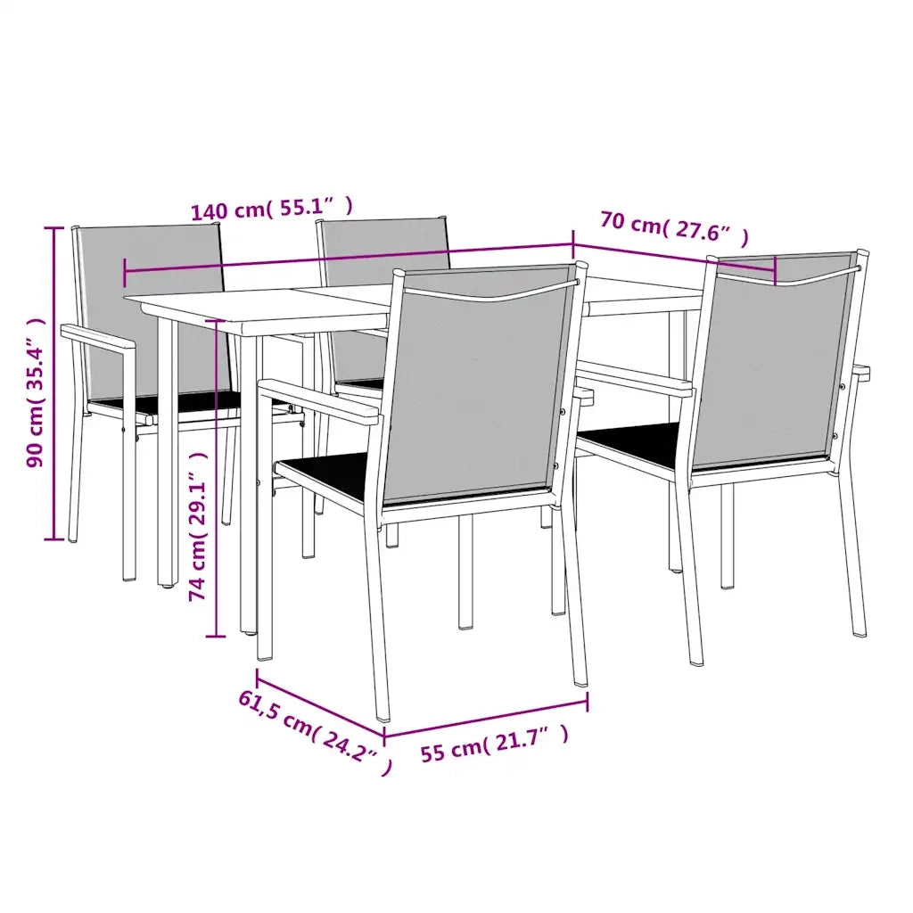 Set da Pranzo da Giardino 5 pz Nero in Textilene e Acciaio 3187043