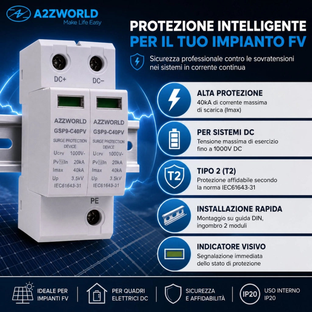 A2ZWORLD SPD Scaricatore di Sovratensione DC 1000V 2P 2M 40kA IP20