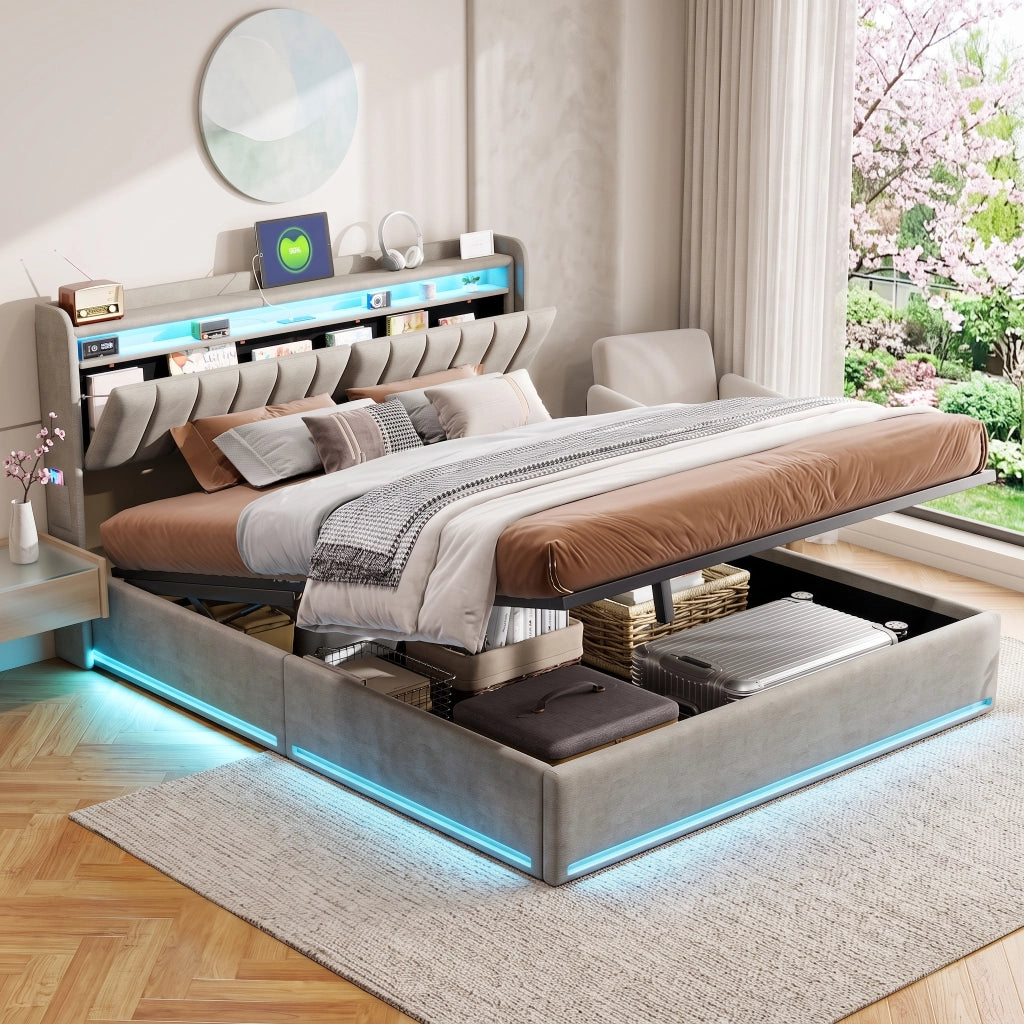 Letto matrimoniale 160x200 con contenitore;letto matrimoniale contenitore con testiera LED;struttura letto matrimoniale imbottita in velluto grigio