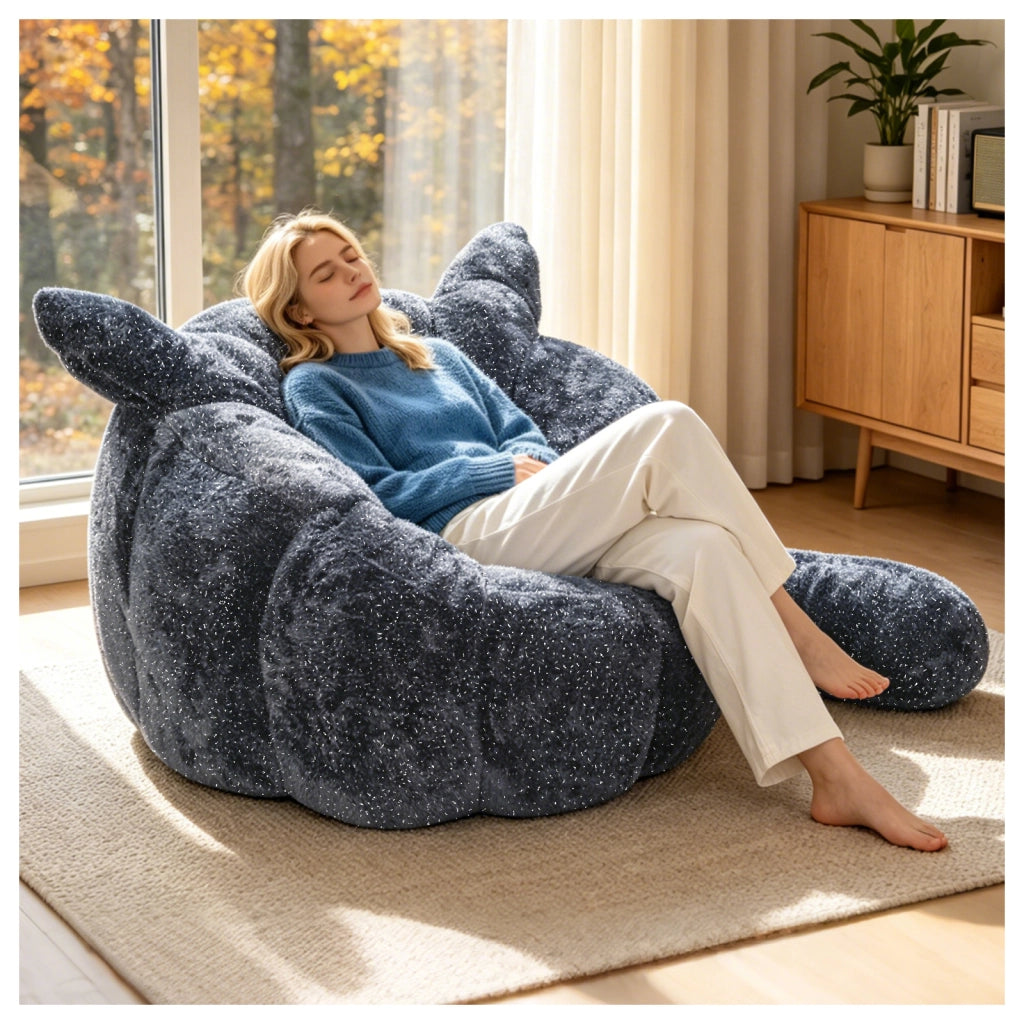 Pouf a forma di volpe in flanella glitterata grigio per camera, salotto e relax