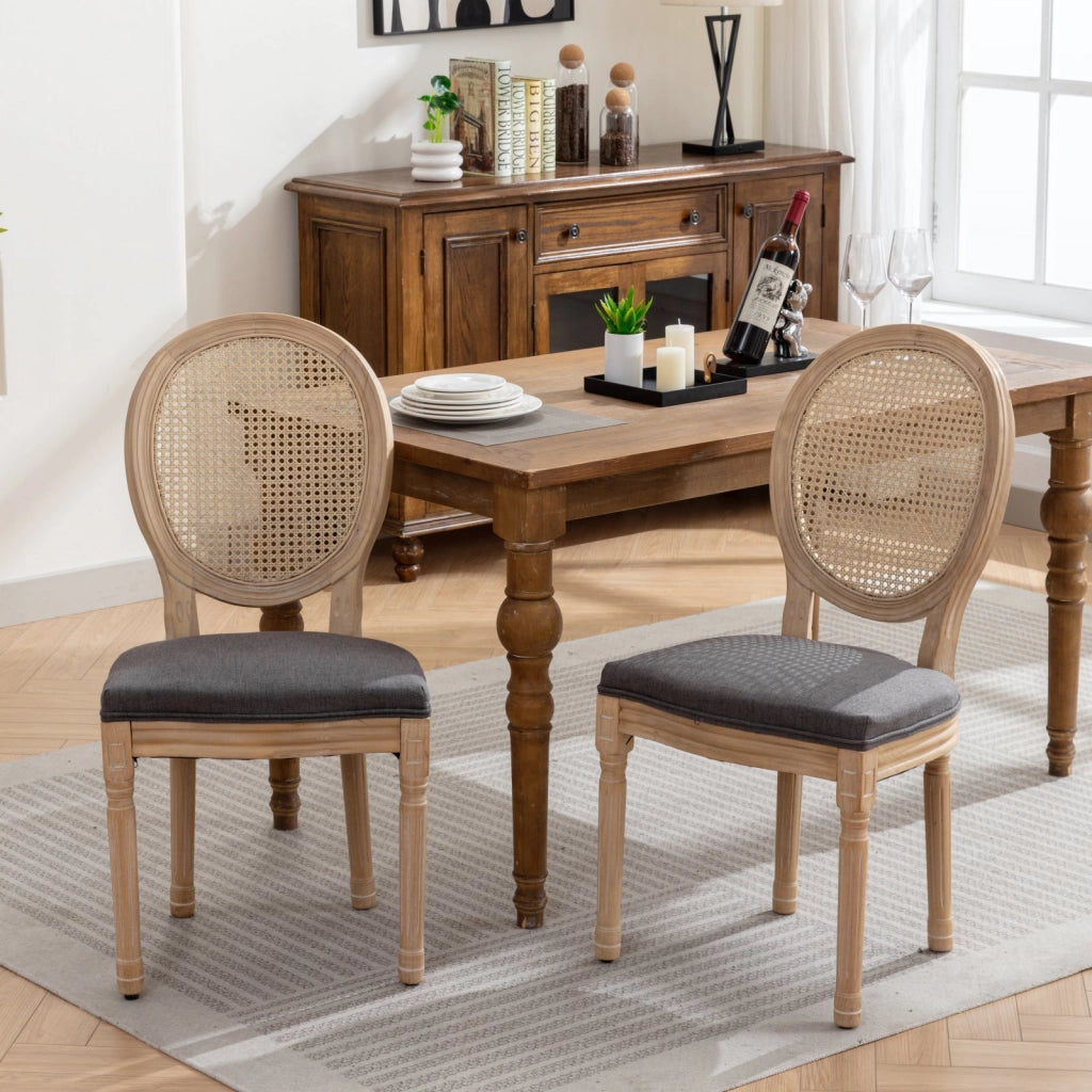 Sedie da Pranzo in Legno Massello con Schienale in Rattan ¨C Xylo ¨C Set 2 Pezzi, Tessuto Lino, Grigio