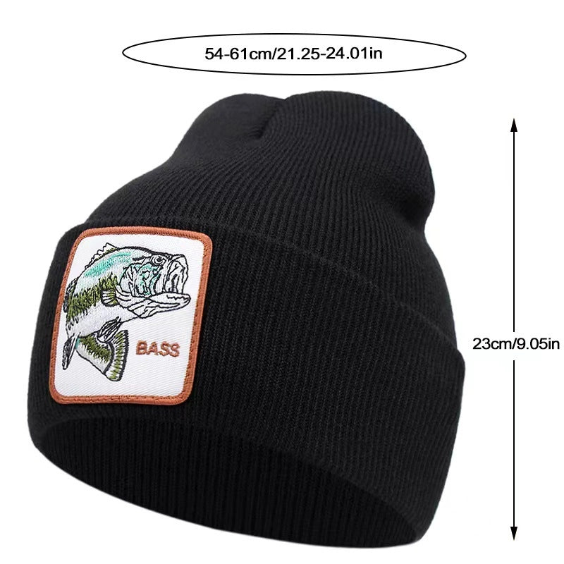 Berretto in maglia con ricamo a squalo e risvolto, colore nero