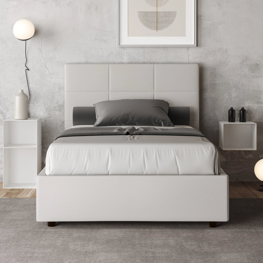 BS COM Letto una piazza e mezza contenitore imbottito 120x190 similpelle bianco