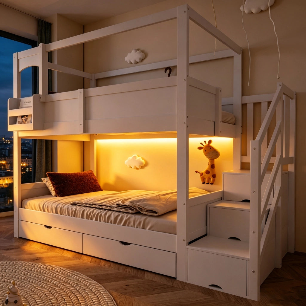LETTO A CASTELLO 90x200 cm in legno bianco con scala contenitore e lavagna
