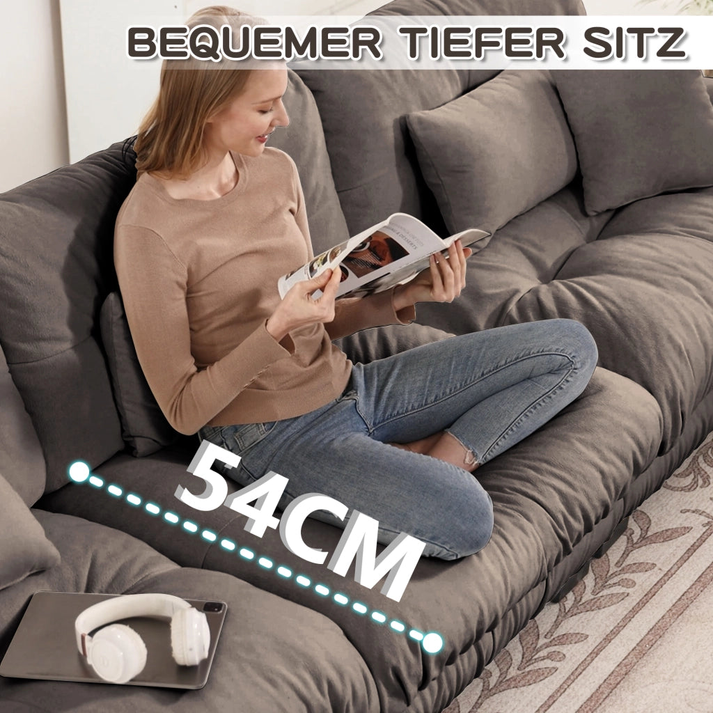 Divano angolare modulare in chenille con braccioli imbottiti e pouf, marrone 220 × 145 × 81 cm