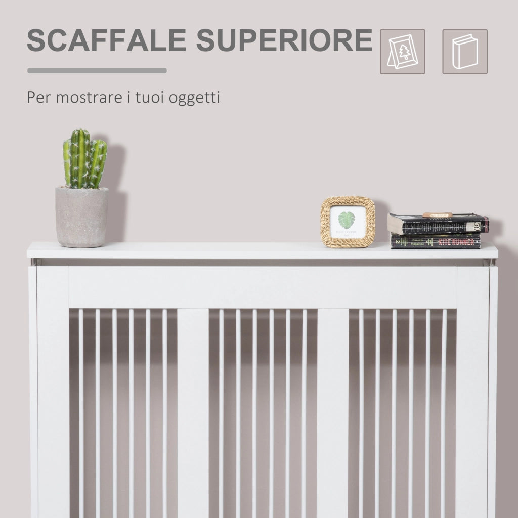 Copritermosifone a Doghe, Copri Termosifone Moderno con Antiribaltamento per Soggiorno, Corridoio, Ufficio, in MDF e Acciaio, 90x18x84cm, Bianco