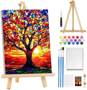 Schilderizzazione su Misura - Albero della Vita con Cornice - Dipinto a Olio da Realizzare - Supporto a Sella in Legno - 3 Pennelli - Tela Preaffrescata - Set di Vernici