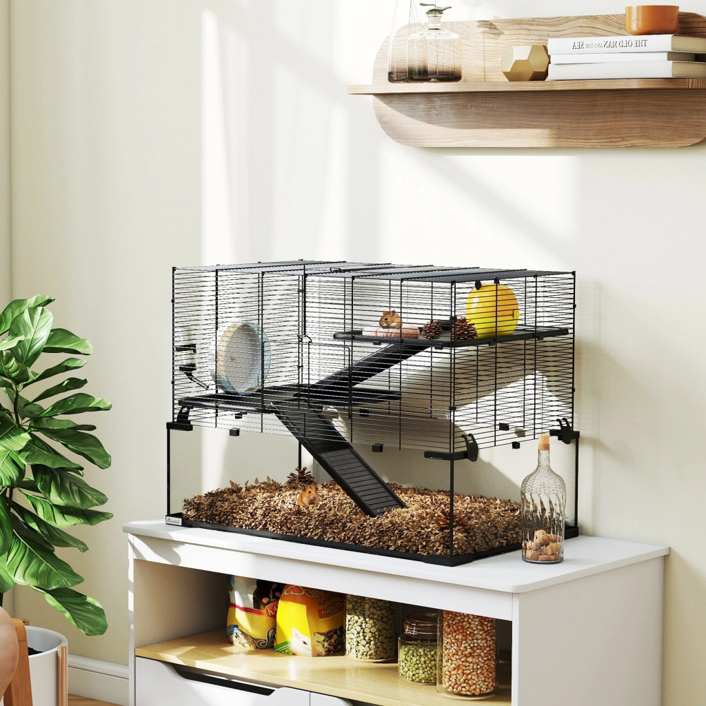Gabbia per Criceti a 3 Livelli con Ruota e Accessori ¨C Minimal ¨C Nero 76.5x48.5x54.5 cm