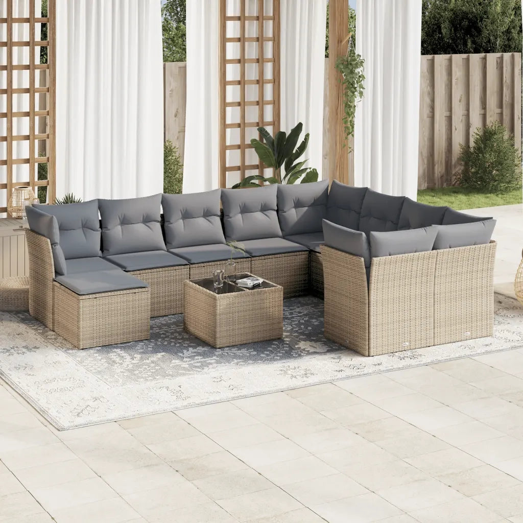 Set Divani da Giardino 11 pz con Cuscini Beige in Polyrattan