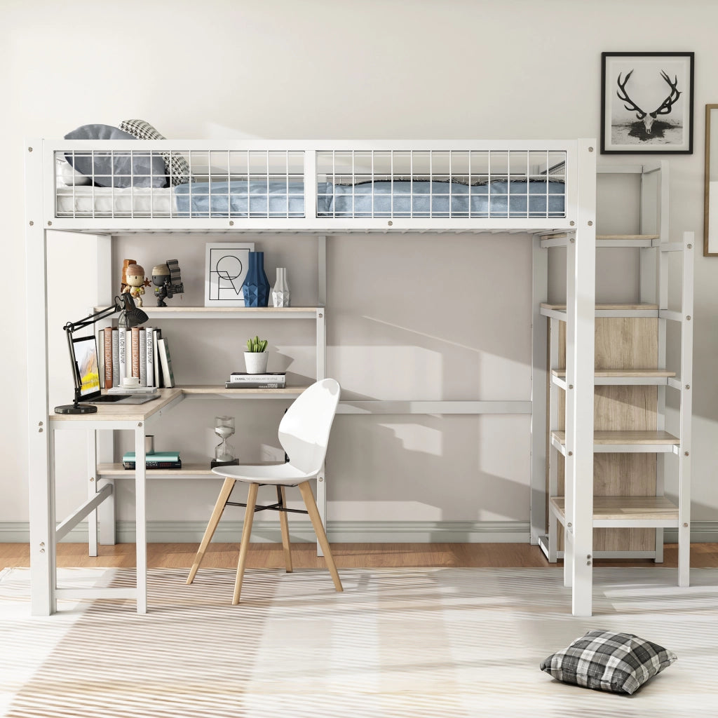 Letto a soppalco 140x200 cm in metallo e MDF, con scrivania, ripiani e armadio, bianco
