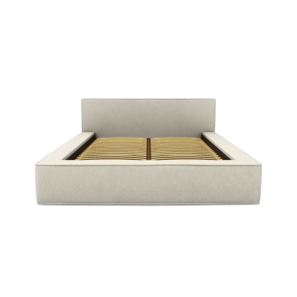 Letto contenitore VELORA – Sabbia ricciolata – 140x200 cm – Tessuto effetto lana – Rete sollevabile – Spazio di stoccaggio integrato