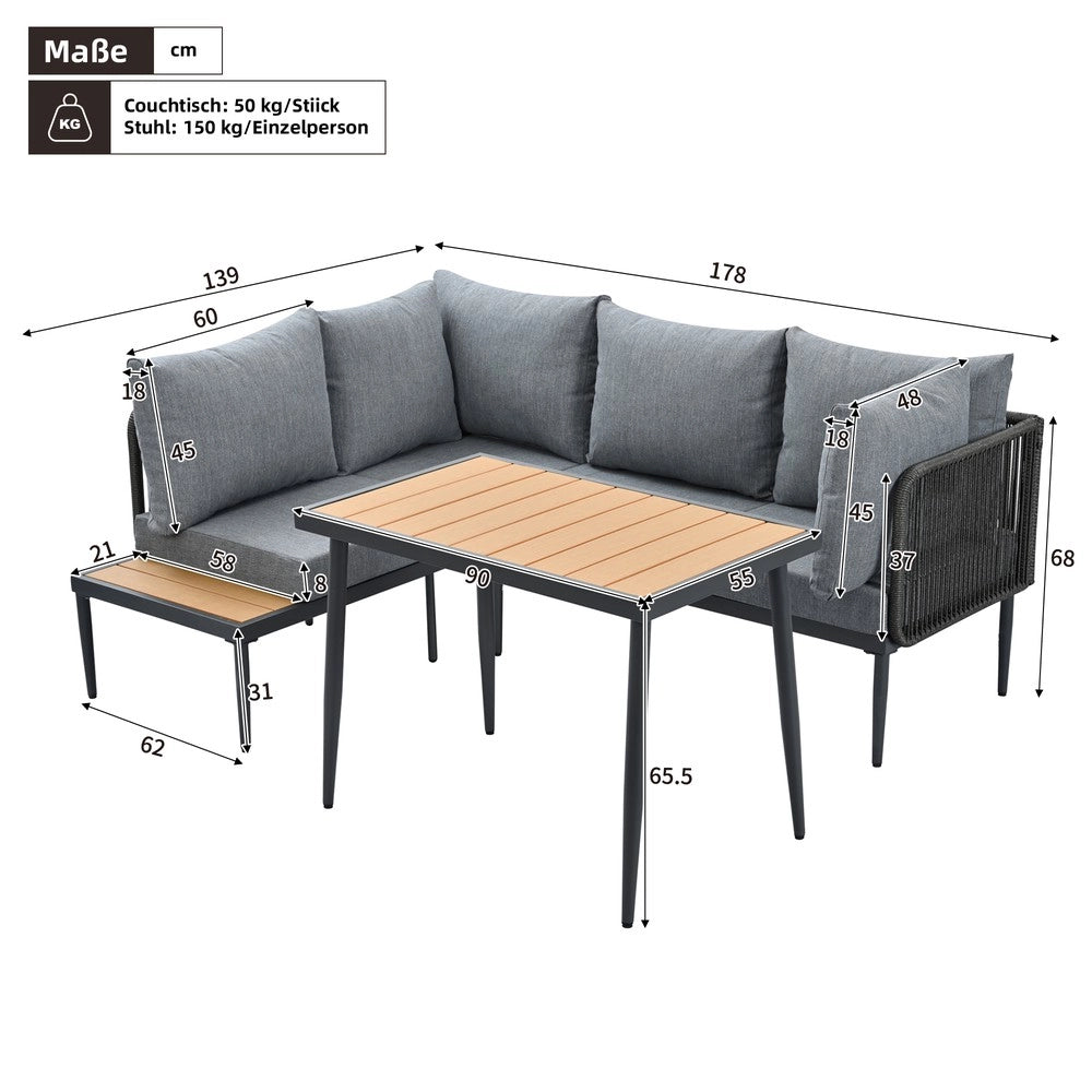Gruppo da pranzo da giardino angolare - Zephmum- Divano + tavolo, struttura tubolare acciaio zincato, piano tavolo in plastica legno, grigio