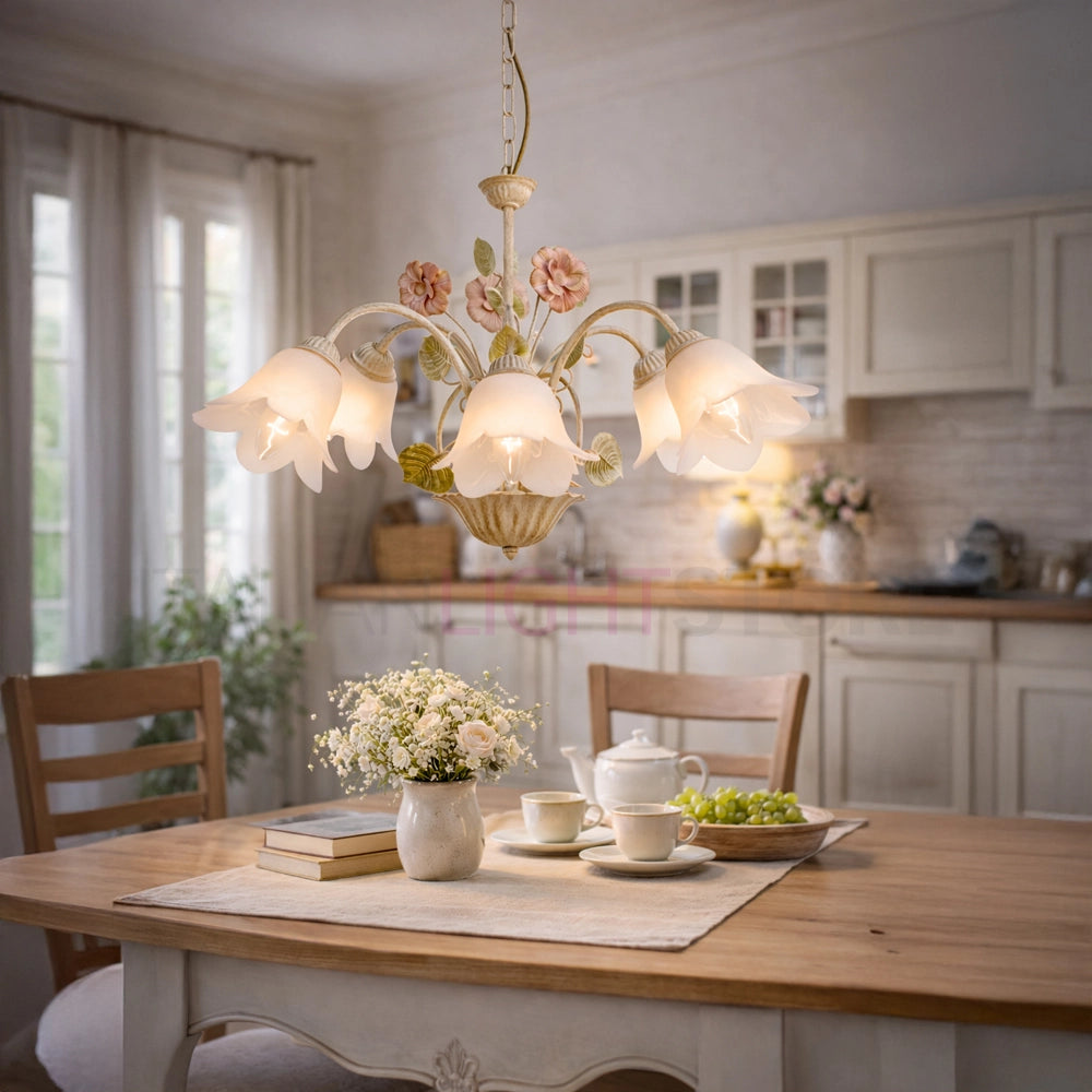 SPRING Lampadario in Ferro Decorato a 5 Luci Stile Floreale