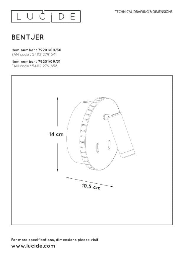 Applique Lucide Bentjer LED 6W 3000K nera con interruttore