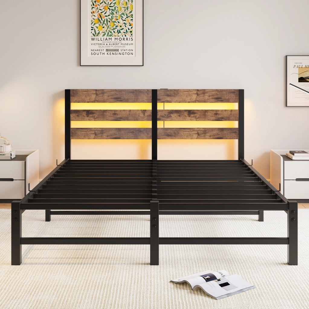 LETTO 140x190 cm in metallo e legno nero/marrone con LED RGB e 2 USB