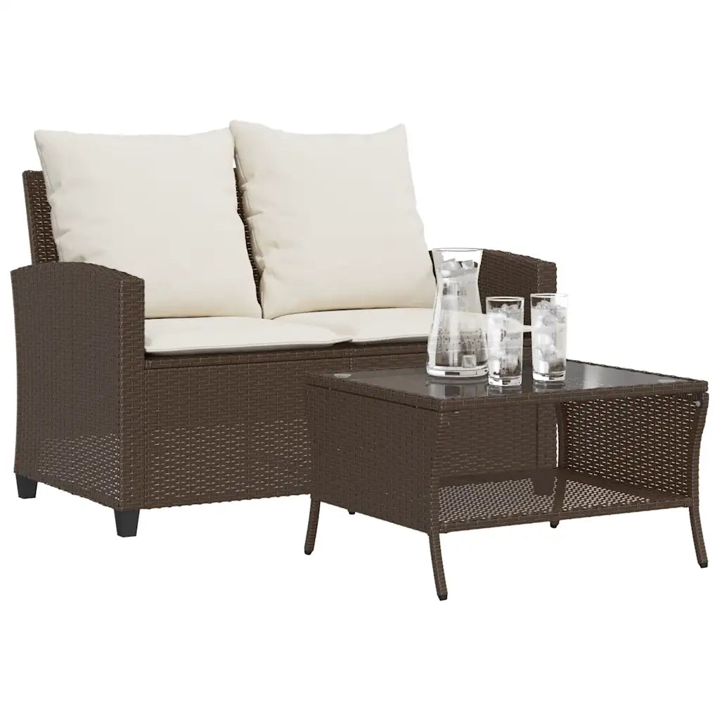 Divano a 2 Posti con Cuscini-Sofa 2 Posti con Cuscini e Tavolo Marrone Polyrattan