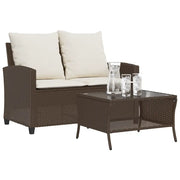 Divano a 2 Posti con Cuscini-Sofa 2 Posti con Cuscini e Tavolo Marrone Polyrattan
