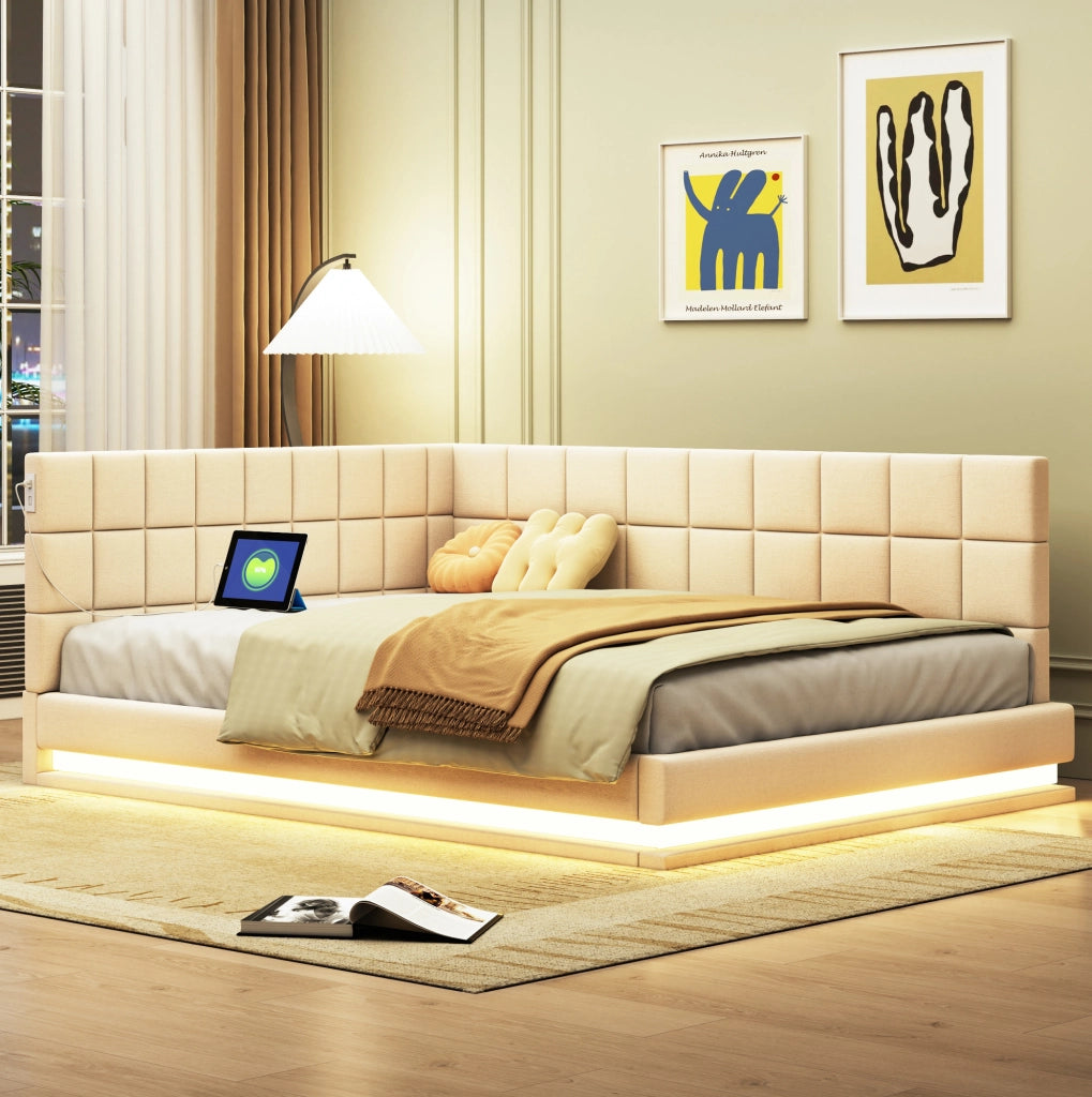 Divano letto 140x200 cm con LED e porta USB; tessuto di lino beige