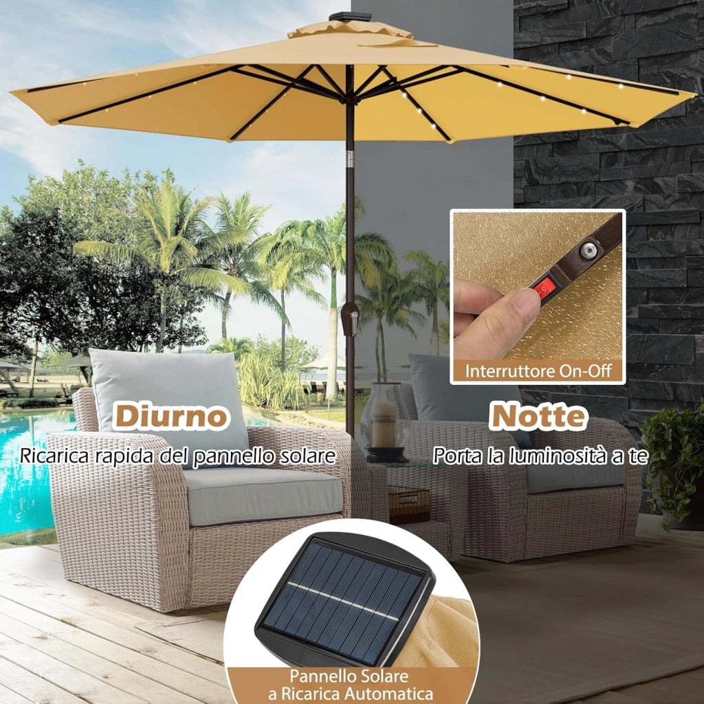 Ombrellone da Giardino con LED Luci Ø300 cm, Parasole da Esterno Ombrello da Spiaggia (Beige)