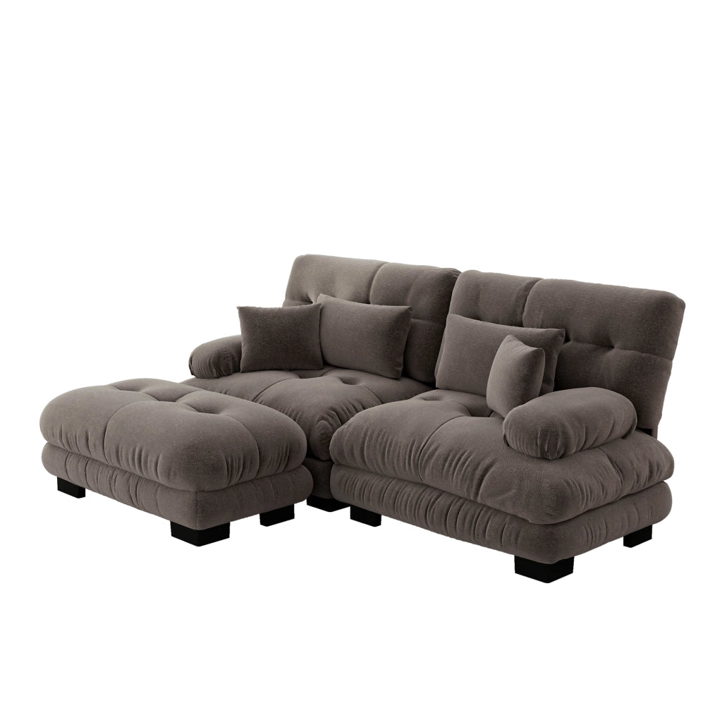 Divano Angolare Chenille con Ottoman ¨C Xylo ¨C Marrone, Braccioli Larghi, Cuscini