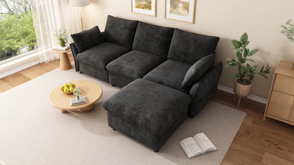 Divano angolare in chenille con pouf e 2 cuscini, seduta confortevole, design moderno, grigio scuro