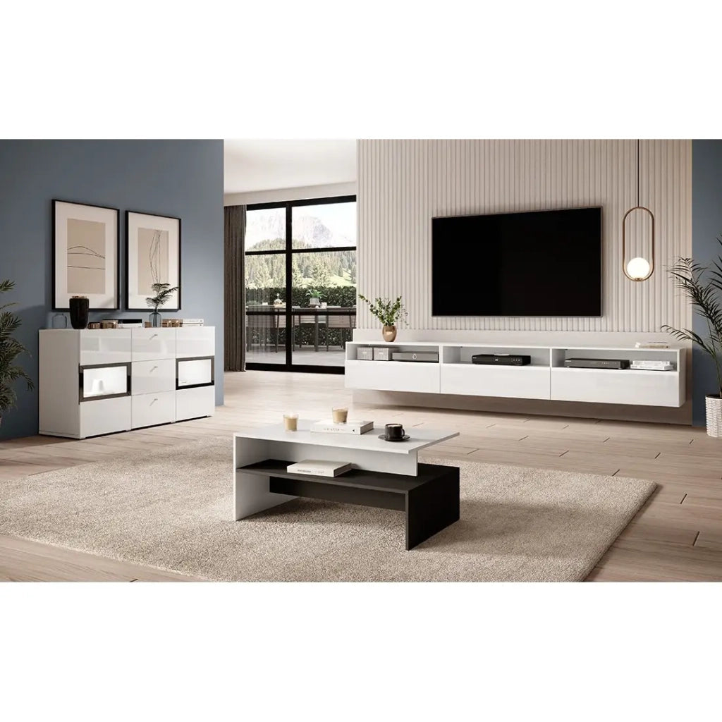 Tavolino basso RAMOS – Colori nero e bianco – Design moderno – Ripiano intermedio e struttura geometrica