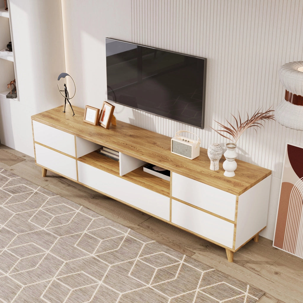 Mobile TV moderno 175x37x51 cm con vani e ante; in MDF; bianco