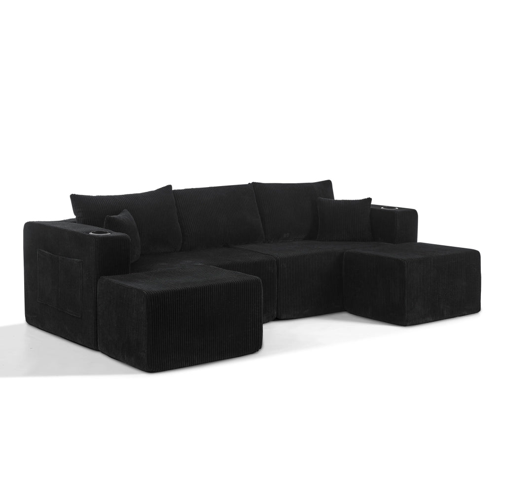 Divano angolare modulare 3 posti con 2 pouf mobili; portabicchieri e tasche laterali; nero