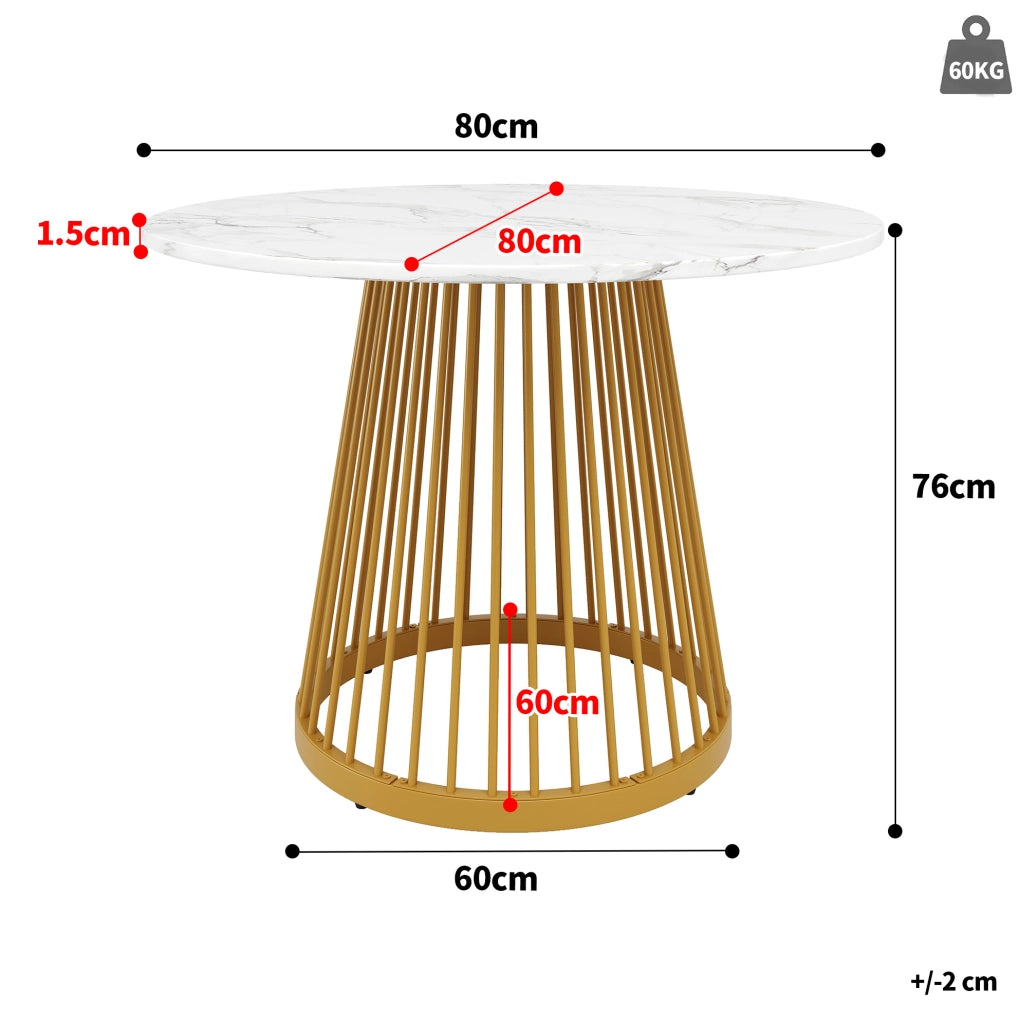 Tavolo da pranzo rotondo 80x80x76 cm in MDF e metallo; bianco e oro
