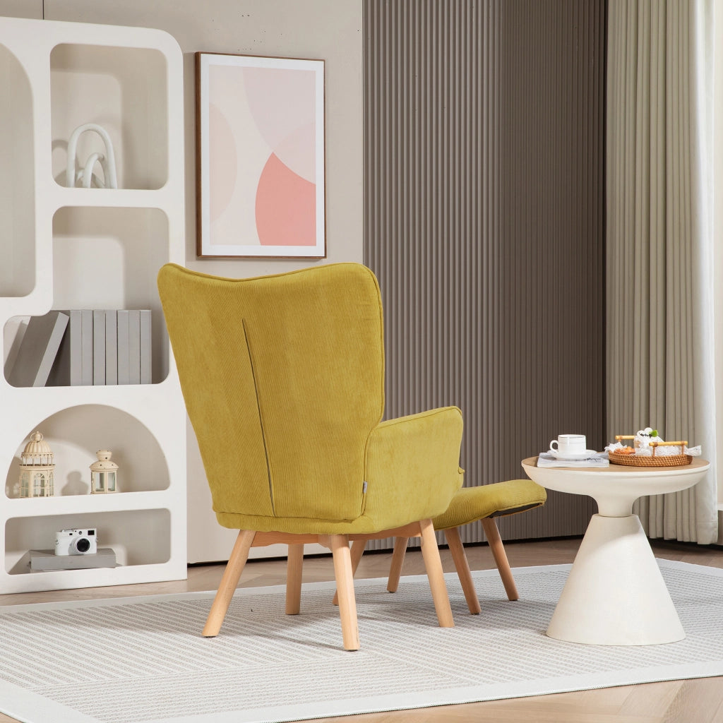 Poltrona relax con poggiapiedi ¨C Xylo ¨C tessuto effetto velluto a coste, gambe in legno, arancione