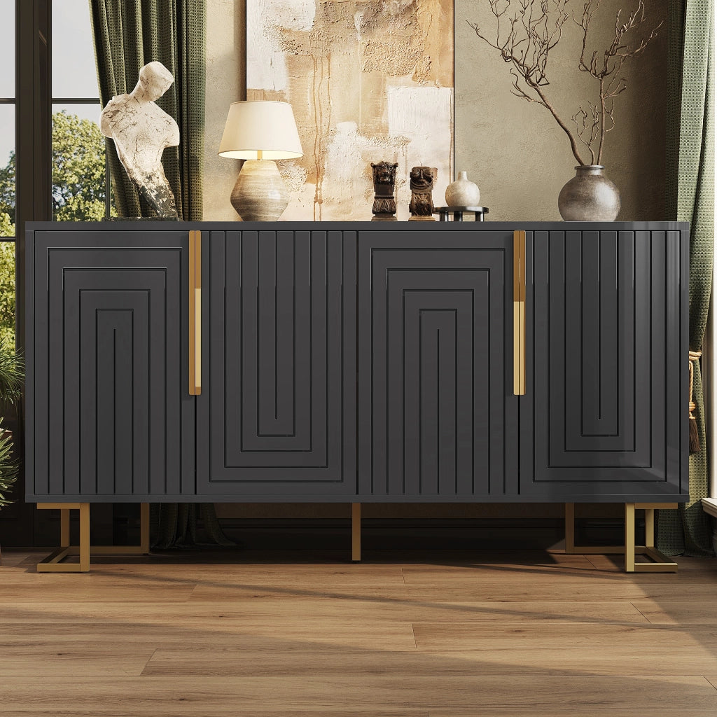 Credenza Sideboard ¨C MINIMAL ¨C Nero, Design Geometrico, Maniglie Dorate, 152x40x75 cm
