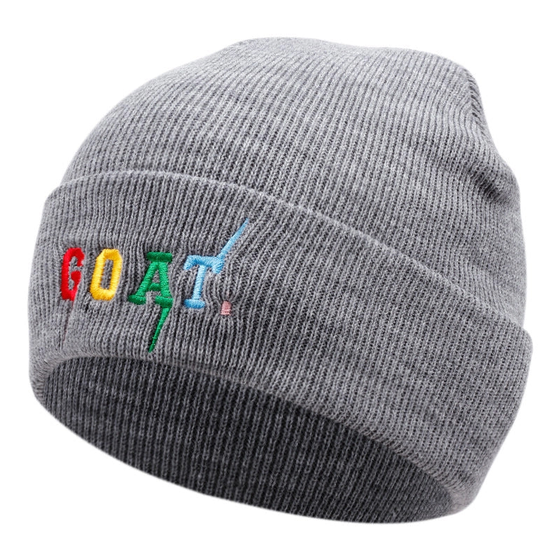 Cappelli invernali caldi lavorati a maglia con ricamo di capra, colore grigio.