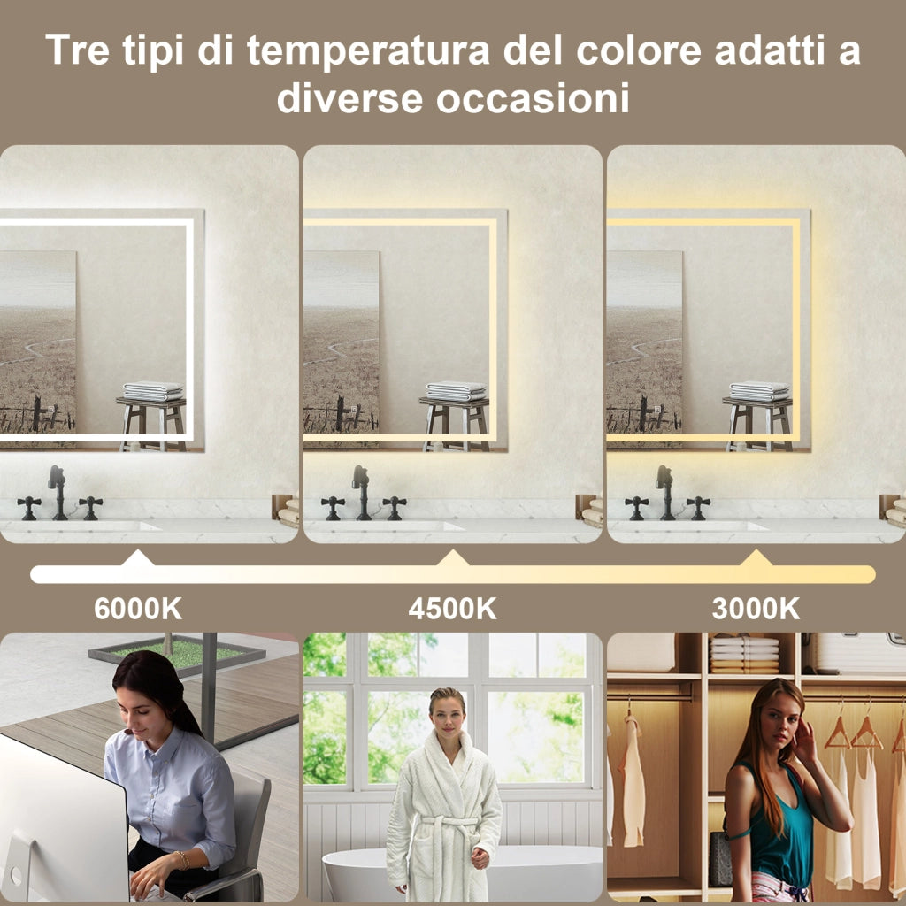 Specchio bagno Rettangolare 100x80cm Retroilluminato Con Led, Antiappannamento + 3 Luci
