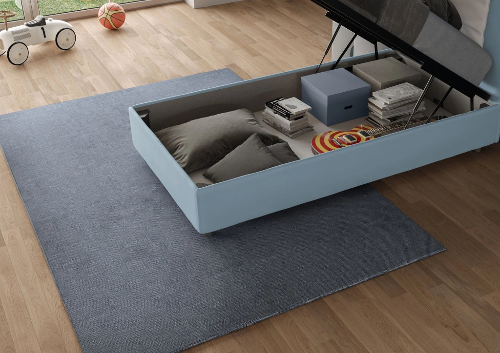 BS COM Letto singolo contenitore imbottito 90x190 microfibra azzurro