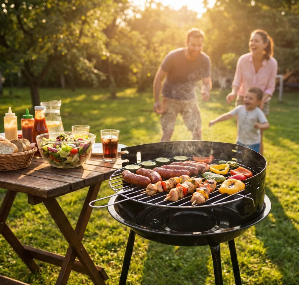 Barbecue a Carbone Portatile Ø 36cm con Griglia Regolabile e Paravento