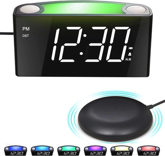 Alarme Digitale con Vibratore del Letto e Luce Notturna - Schermo LED 7" con Ricarica USB