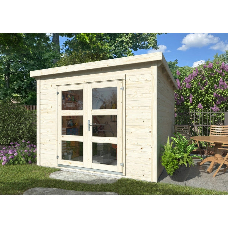 Casetta da giardino in legno 276x282 cm, pareti 28 mm grezze con porta doppia vetrata, per ricovero attrezzi esterno - Esterni da Vivere