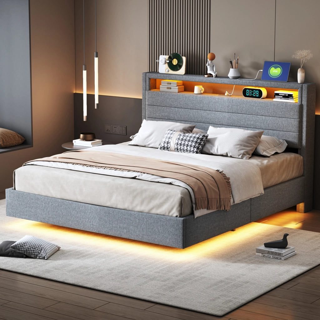 LETTO Imbottito Contenitore 140x200 cm Grigio con USB e LED