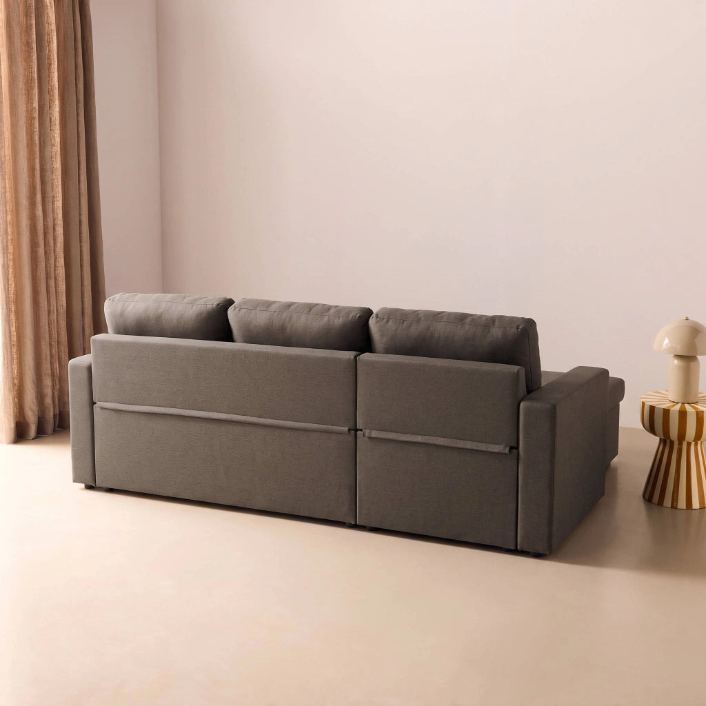 Divano letto angolare reversibile con contenitore, 3 posti, marrone