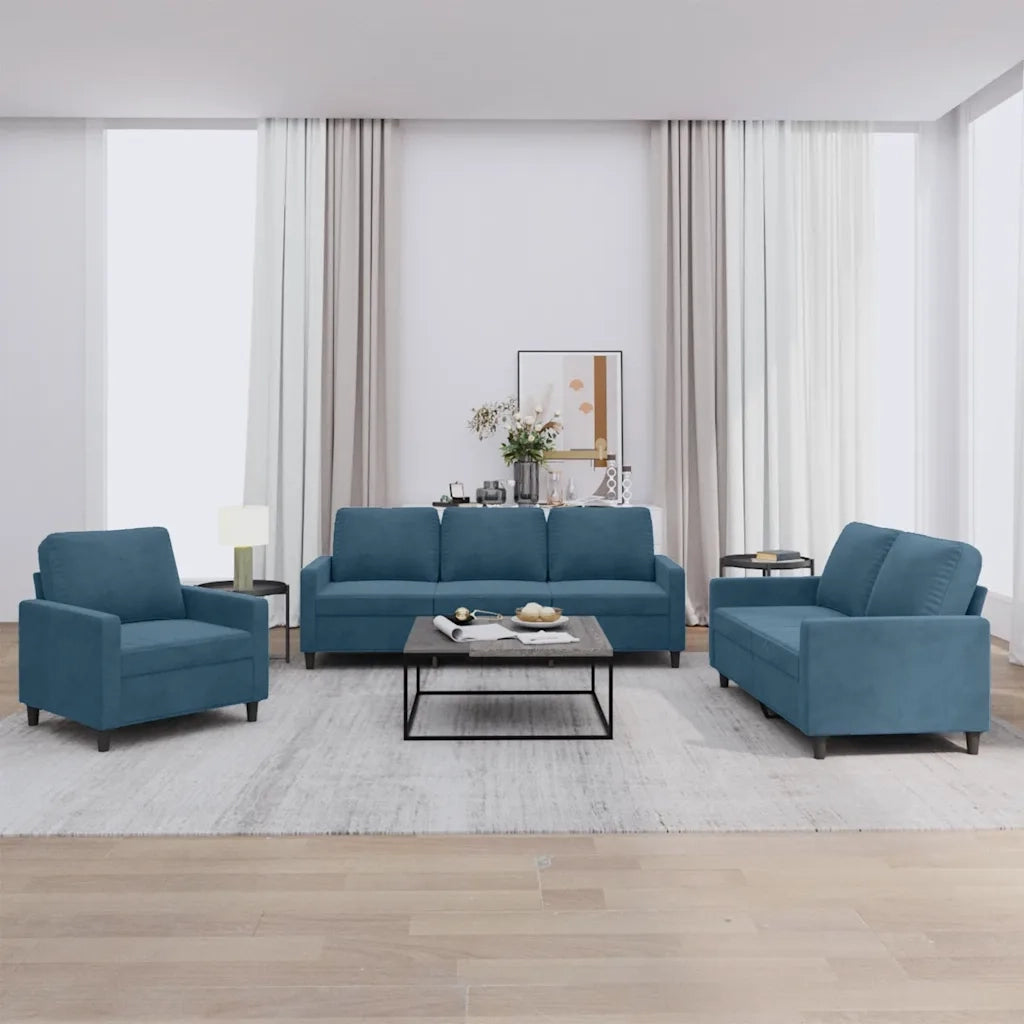 Set di Divani 3 pz con Cuscini Blu in Velluto