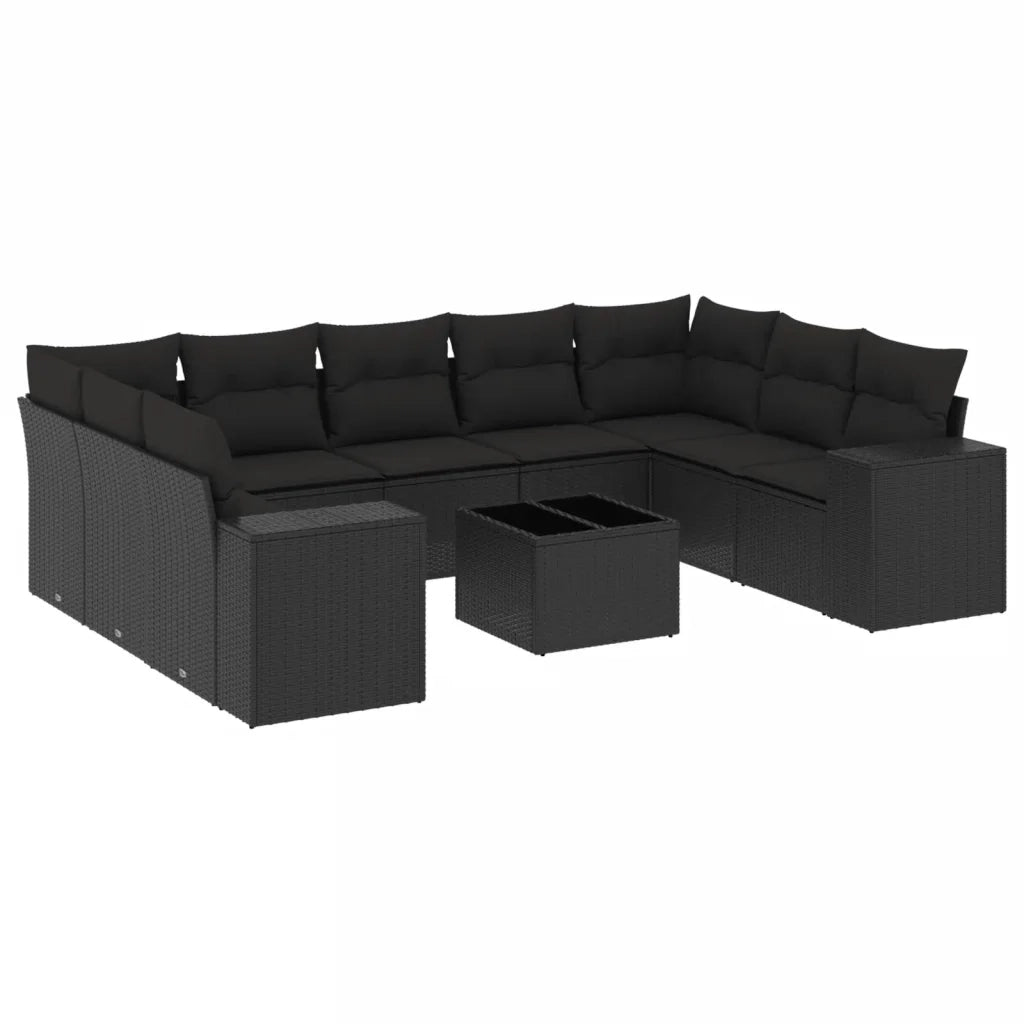 Set Divani da Giardino 10pz con Cuscini in Polyrattan Nero
