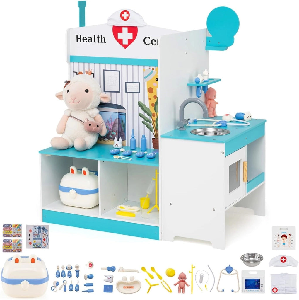 Kit Dottoressa Bambini a Tre Facce, Centro Medico Giocattolo in Legno con Monitor ECG, Rubinetto e 27 Accessori, Luci e Suoni, Regalo Bambini 3-6 Anni, 93 x 54,5 x 98,5 cm