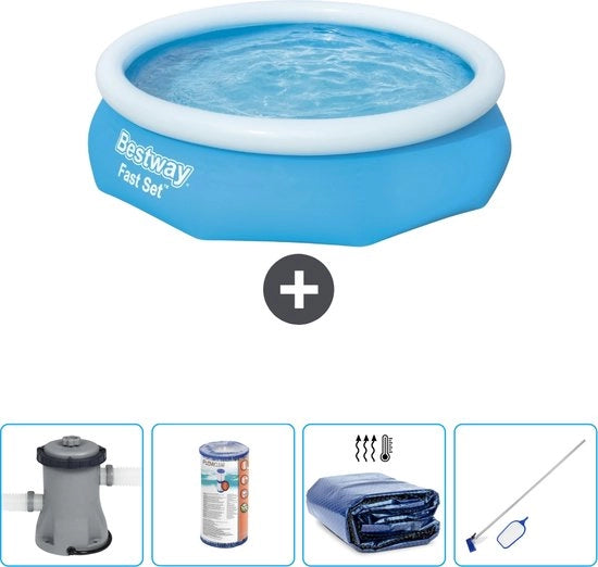 Piscina Opblaasbar Rond Fast Set - 305 x 76 cm - Blu - Inclusa Pompella Filtro - Pareo Solare - Kit Pulizia