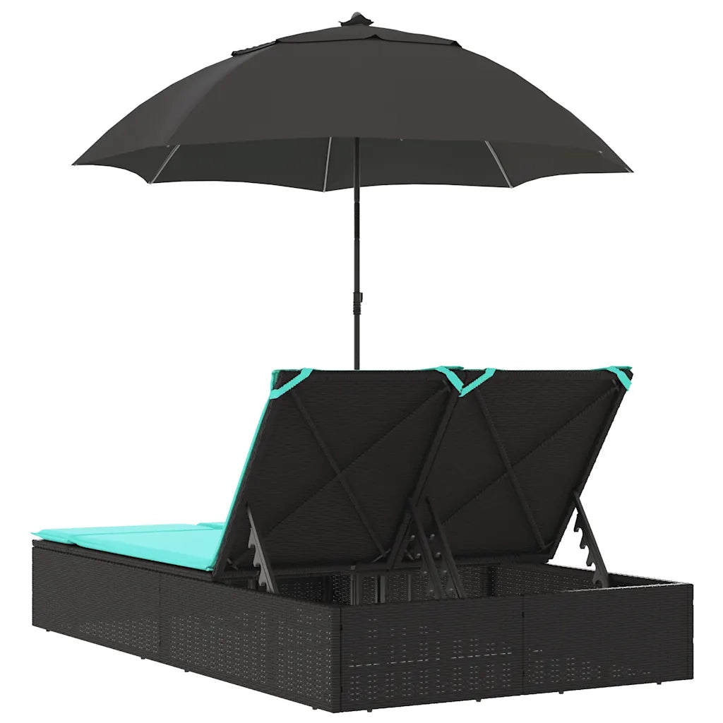 Lettino Prendisole Doppio Cuscini e Parasole Nero in Polyrattan 368089