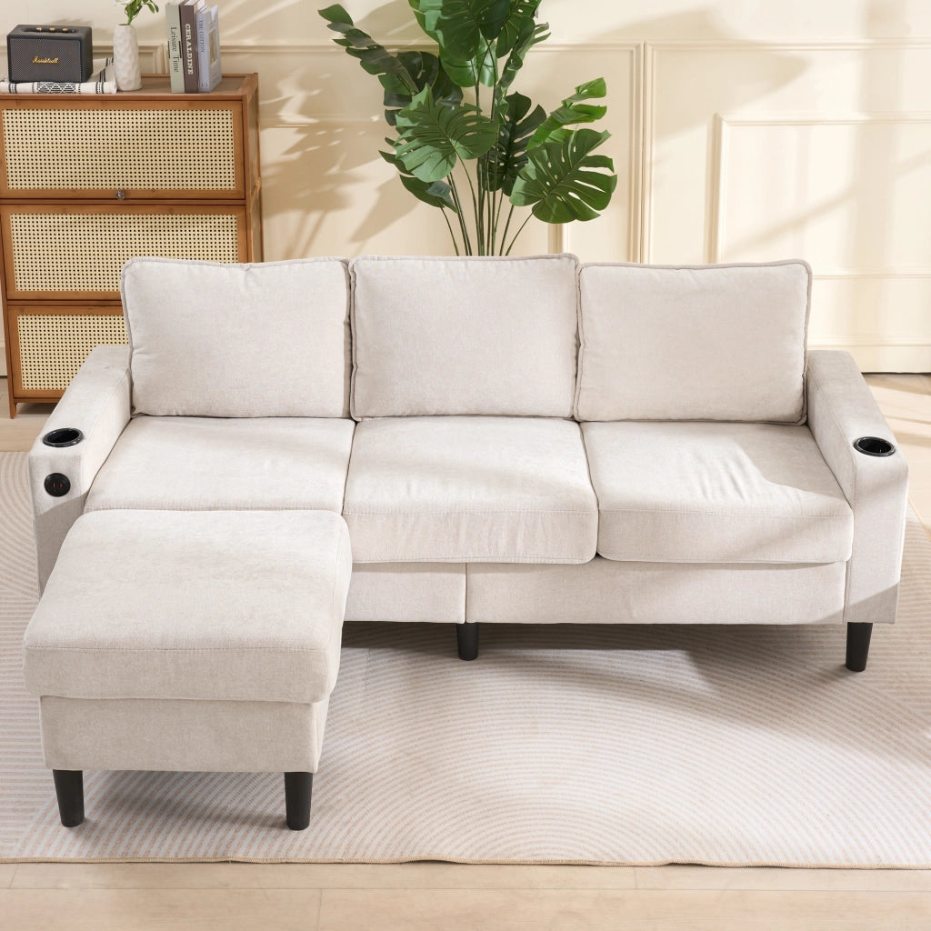 Divano angolare 3 posti beige con pouf modulare, 2 portabicchieri, USB e Type-C, 202x137x80 cm