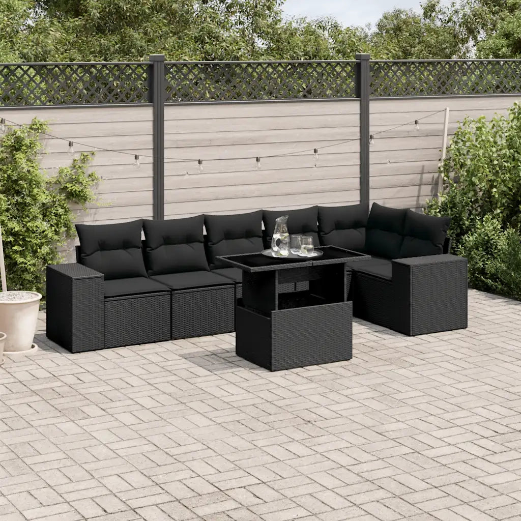 Set Divani da Giardino con Cuscini 7pz Nero Polyrattan