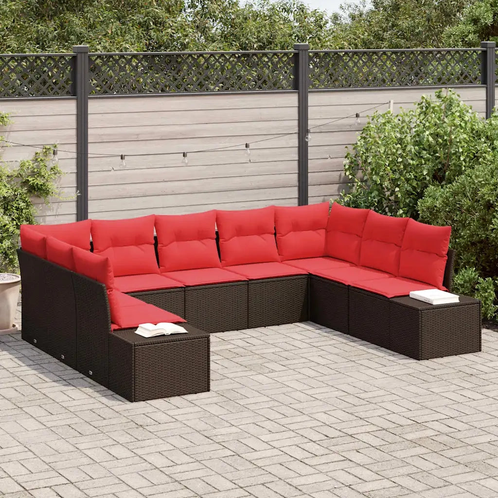 Set Divano da Giardino 9 pz 8-Numero di posti Marrone e Rosso 3355893