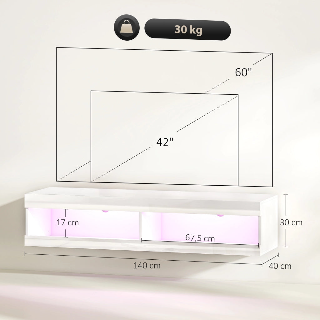 Mobile TV Sospeso con Luci LED e Telecomando ¨C Xylo ¨C Bianco Lucido 140x40x30 cm