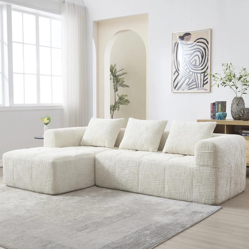 Divano Angolare 3 Posti con Chaise Longue ¨C MINIMAL ¨C Chenille Beige, Cuscini, Braccioli