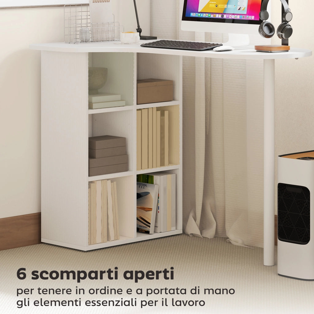 Scrivania per Camera Ricurva 100x59x75,5 cm con 6 Ripiani e 4 Scaffali Regolabili in Acciaio e Legno Bianco